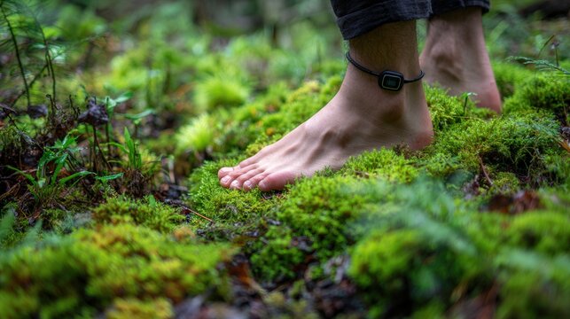 Bare feet on moss ankle band hiker steps lightly across plush forest carpet, trousers rolled up, tracker visible, playful exploration and earthy mood emphasize freedom and curiosity.