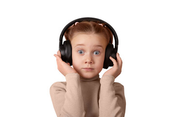 Young girl with headphones, looking surprised. Isolated on transparent background. Concept for sound, music, and childhood emotions.