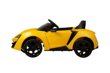Side view of a sleek yellow toy sports car with black wheels, isolated on transparent background for versatile commercial use.