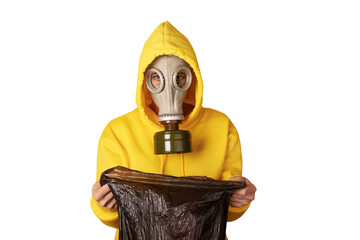 Individual wearing a yellow hoodie and gas mask, holding a black plastic bag, isolated on transparent background. Concept of protection, danger, or environmental concern.
