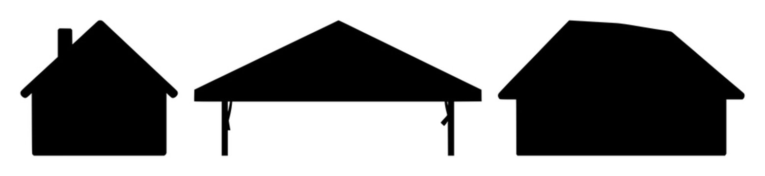 Roof icon set with simple black silhouette on white backdrop featuring architecture, house, building with silhouette and minimalism