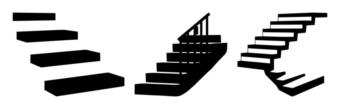 Staircase icon set with solid black graphic on white background featuring staircase silhouette, simple line, icon with monochrome and flat