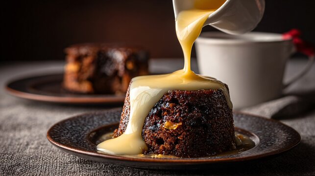 A warm custard poured generously over sticky toffee pudding