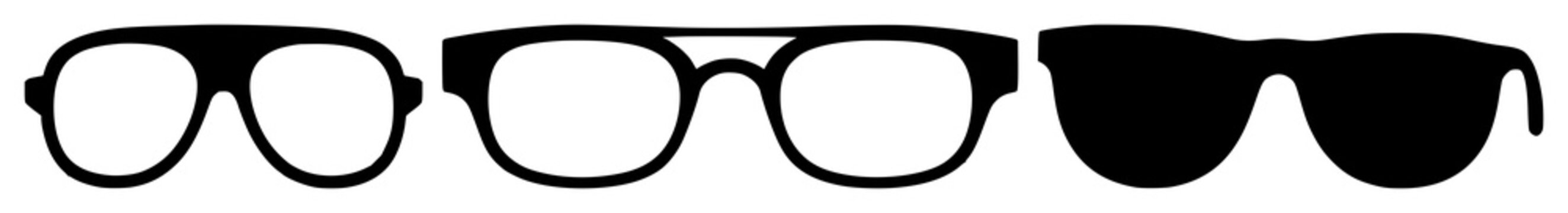 Sunglasses set with solid black icon design featuring eye protection, fashion accessory, graphic illustration with stylish silhouette and monochrome.