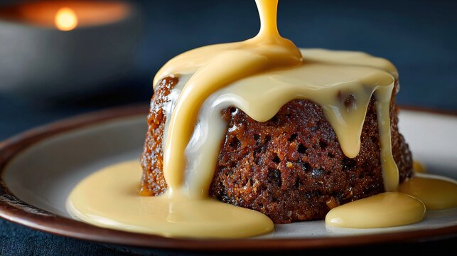 A warm custard poured generously over sticky toffee pudding