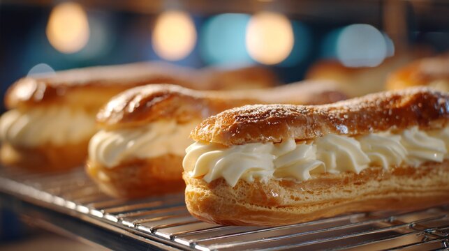 A rich custard cream filling piped into eclairs under soft bakery lighting
