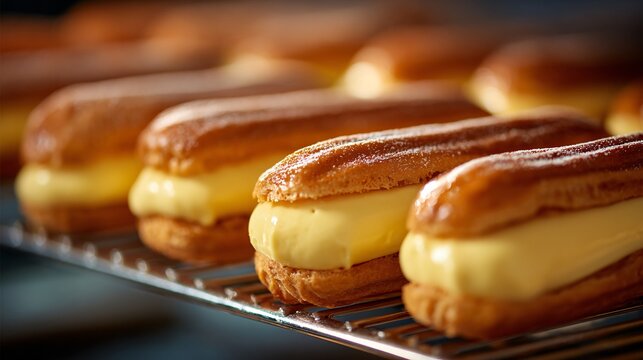 A rich custard cream filling piped into eclairs under soft bakery lighting