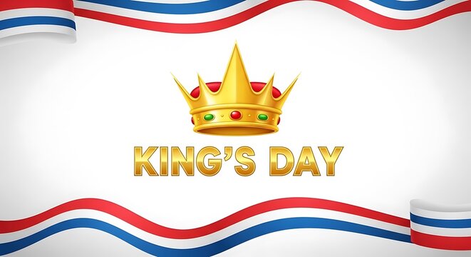 King's Day celebration background with golden crown, festive national flag ribbons on white, royal holiday greeting card design