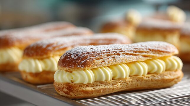 A rich custard cream filling piped into eclairs under soft bakery lighting