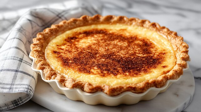 A rich egg custard pie with golden crust styled on marble surface