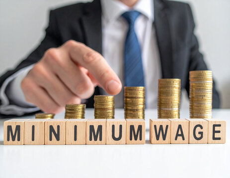 Minimum Wage - Geschäftsmann zeigt mit dem Finger auf das Wort "Minimum Wage"