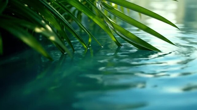 Close-up of tropical palm leaves overhanging turquoise water creating ripples and reflections