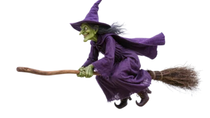 Fototapete Zauberwald Green-skinned witch riding a wooden broomstick, wearing a purple hat and cloak  © Eva