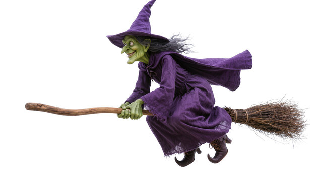 Green-skinned witch riding a wooden broomstick, wearing a purple hat and cloak