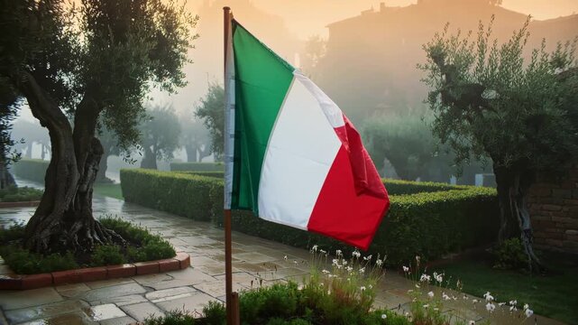 Italian flag waving in a misty, serene garden landscape with olive trees and stone pathways at sunrise, evoking a peaceful mediterranean atmosphere