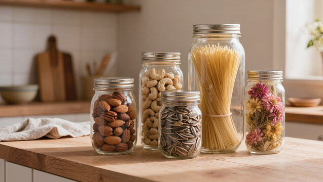 Glass Jars of Pantry Staples on Kitchen Countertop