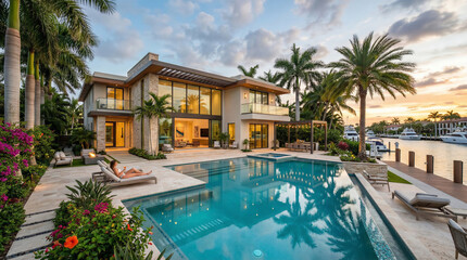 Fototapeta premium Luxury waterfront villa with modern design and swimming pool at sunset