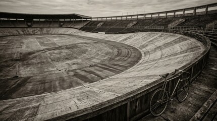 Fototapeta premium Panoramic vintage velodrome curves with lone steel bicycle