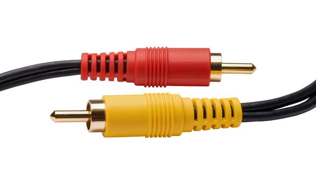 Yellow red RCA connectors linked by black cables, displaying audio-video connection