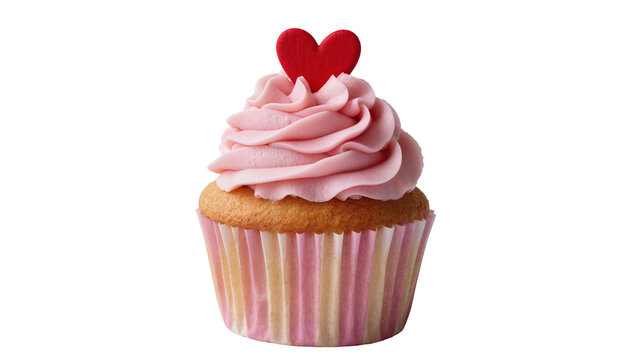 Pink buttercream cupcake, topped with a red heart candy decoration