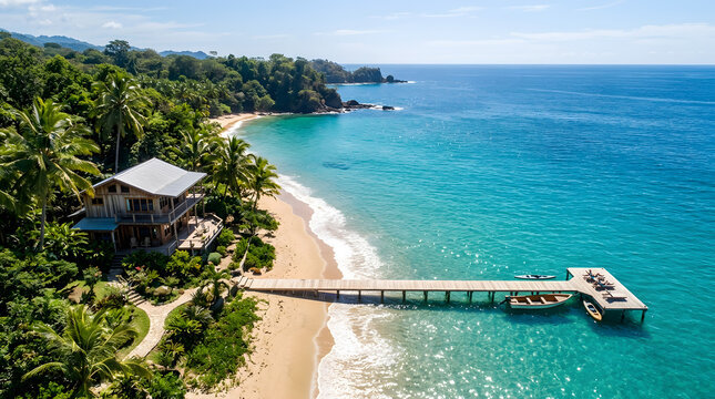 Tropical Beach Paradise With Wooden Pier Extending Into Turquoise Ocean And Secluded Island Villa Surrounded By Lush Greenery ocean front property