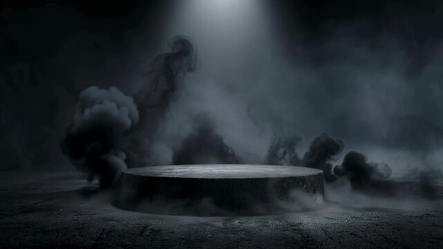 platform abstract stage texture fog spotlight. Dark black floor podium dramatic empty night room table concrete wall scene place display studio smoky dust
