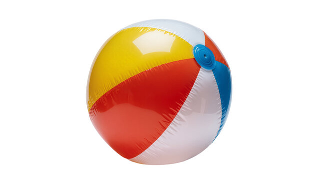 Vibrant beach ball displaying yellow red blue and white stripes, featuring a blue plastic valve