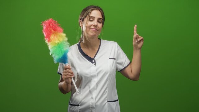 Woman in cleaning uniform holding a rainbow duster points finger up with eyes closed in studio; playful diligence.