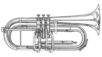 Naklejka premium Line drawing of a brass instrument, showing intricate details and curves