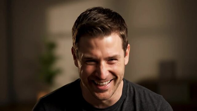 A man is captured mid-laugh, eyes closed, revealing teeth and a gray shirt. Backround is blurred