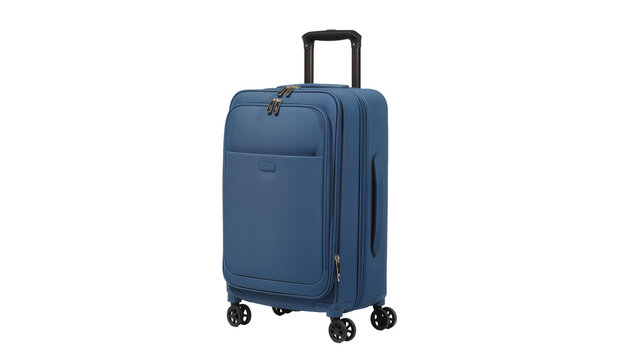 Blue rolling suitcase with zippered compartments, and black spinner wheels