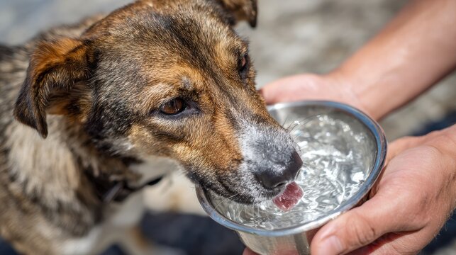 Mixedbreed dog drinking from shared bowl held by volunteer, shelter care moment with gentle hand guidance, focused muzzle and grateful expression, soft daylight, compassionate scene