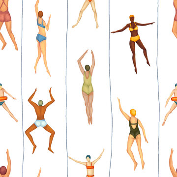 Hand drawn seamless pattern with illustration of people are swimming in the pool isolated on white background. Water activities illustration, sports and recreation. Summertime holiday