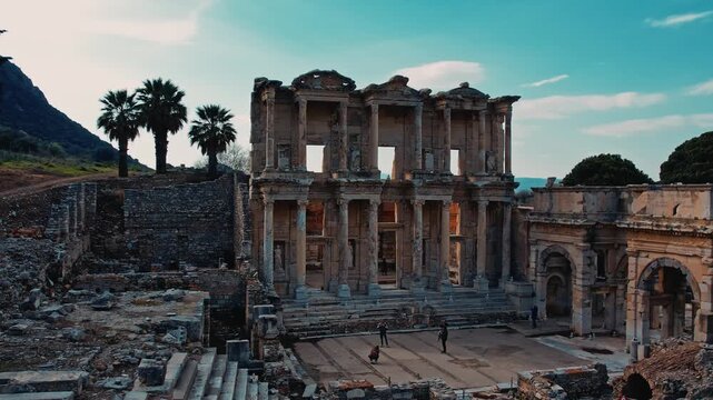 Wide cinematic view of the Library of Celsus in the ancient city of Ephesus, Izmir, Turkey. Iconic Roman ruins, historic architecture and travelers under clear daylight sky and palm trees.
