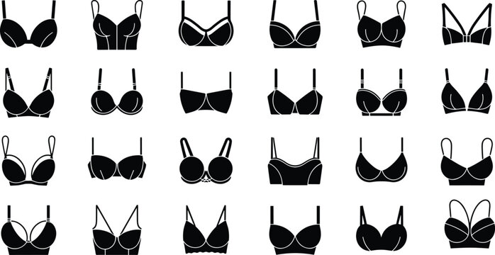 Black Silhouette Set of Diverse Women's Bra Styles and Lingerie Icons Featuring Push Up Strapless Sports and Lace Designs for Underwear Fashion and Retail Design