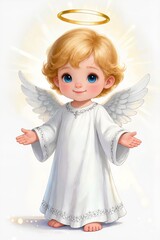 Fototapeta premium Little angel mascot with halo, soft light aesthetic, white background