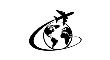Black and white illustration of airplane flying around the globe air travel flight world earth © Mamun