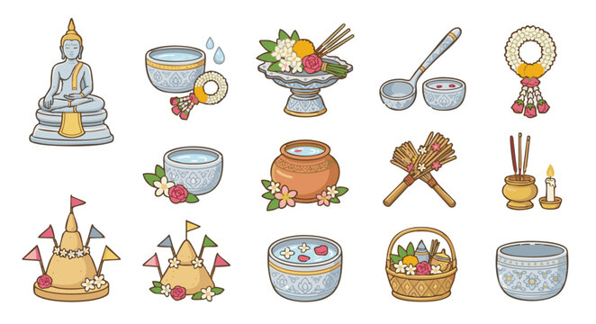 Collection of Songkran Holiday Icons including Sand Pagodas and Ritual Water