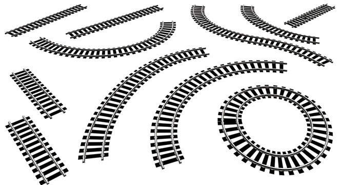 Black and white railroad tracks in various curved and straight sections on white background train