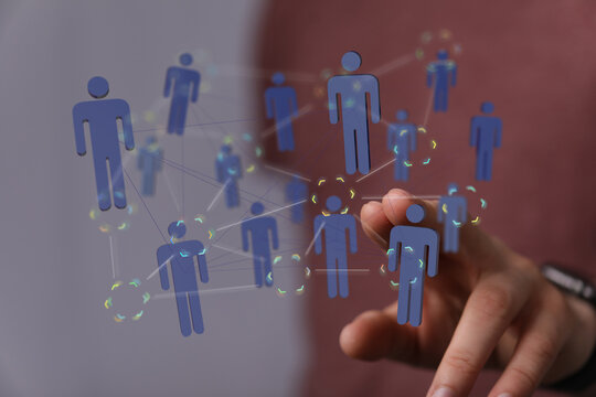 Concept of social connections, networking, teamwork and communication in business. Digital people icons connected to eac