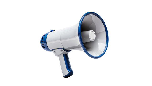 Modern white megaphone accented with blue, features a silver speaker grill