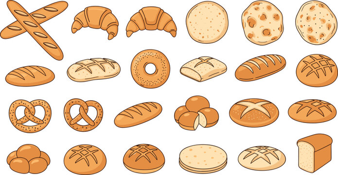 Bakery bread collection with loaves buns croissants pretzels and rolls, assorted baked goods vector set isolated on white background