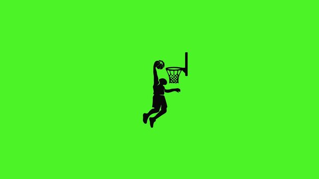 Man dunking basketball on green screen.