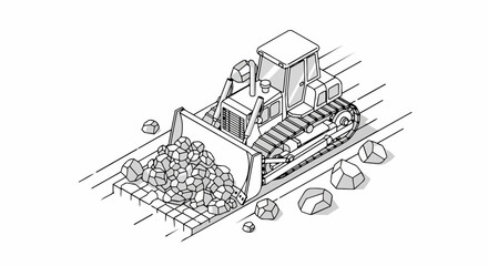 Naklejka premium Isometric Bulldozer Heavy Machinery Illustration Pushing Rocks on Construction Site, Minimalist Line Art Vector Design