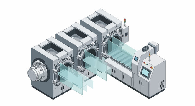 Isometric Industrial Machine Production Line for Glass Panel and Semiconductor Manufacturing, Automated Laboratory Equipment for High-Tech Processing