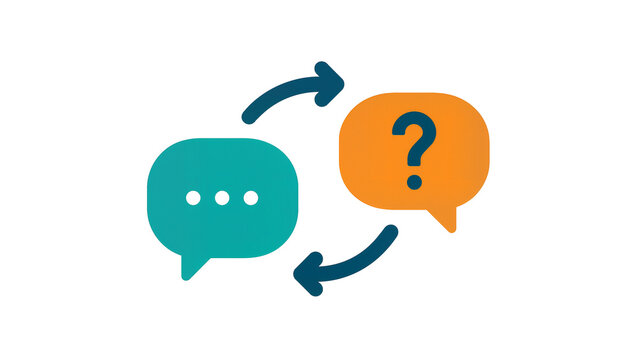 Turquoise speech bubble with dots orange question mark bubble, curved arrows connecting them