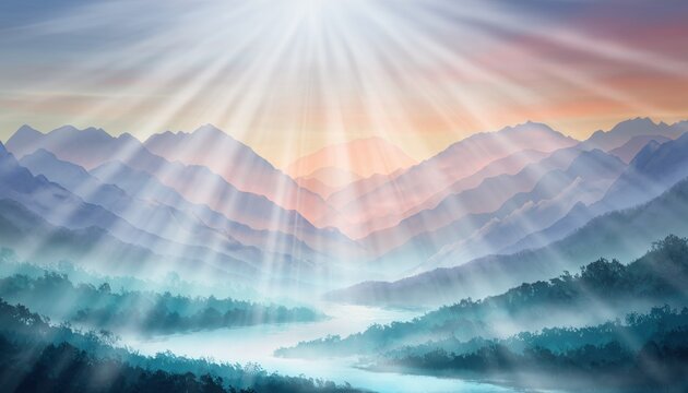 Misty Mountains with River and Sunbeams