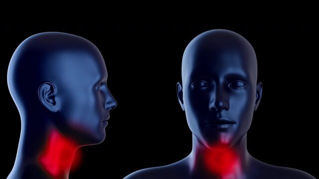 3D medical illustration of human head in both front and side profile views, featuring glowing red area on neck and throat to represent pain, inflammation or infection.