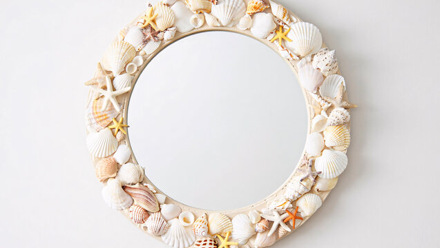 Coastal seashell mirror with round frame, nautical beach house wall decor, white sea shell mirror on neutral background, handmade marine home accessory