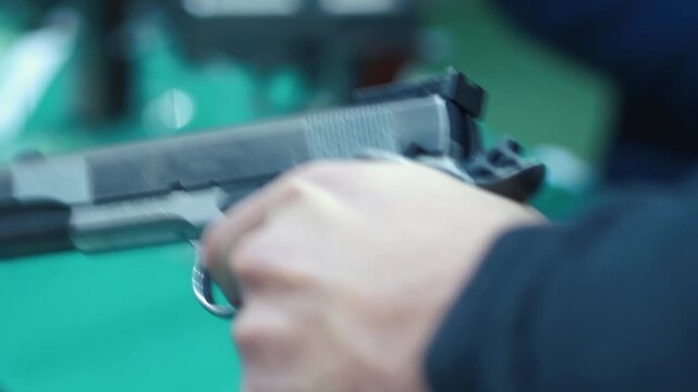 close-up of a person holding a handgun.

Key details:
The firearm appears to be a semi-automatic pistol, held firmly in one hand.
The person&rsquo;s finger is inside or near the trigger guard, suggesting re
